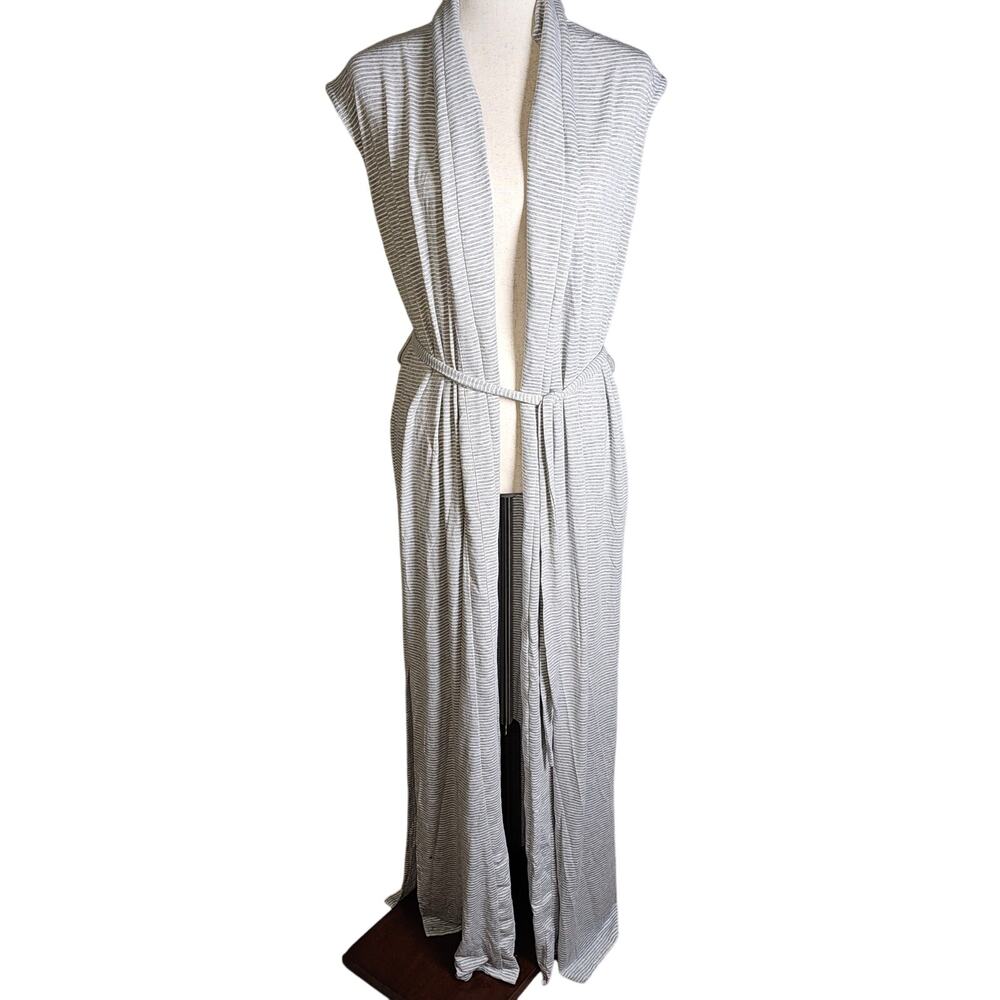 Venus Gray White Striped Long Soft Cardigan Short Sleeve Medium